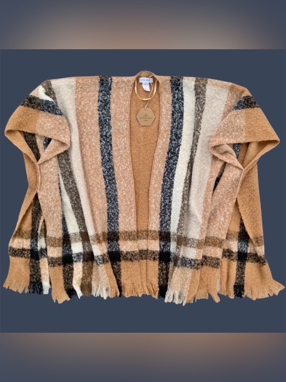 Nine West Sustainable Style Tan Plaid Open Front Fringed Poncho Wrap Shawl ~ OS
